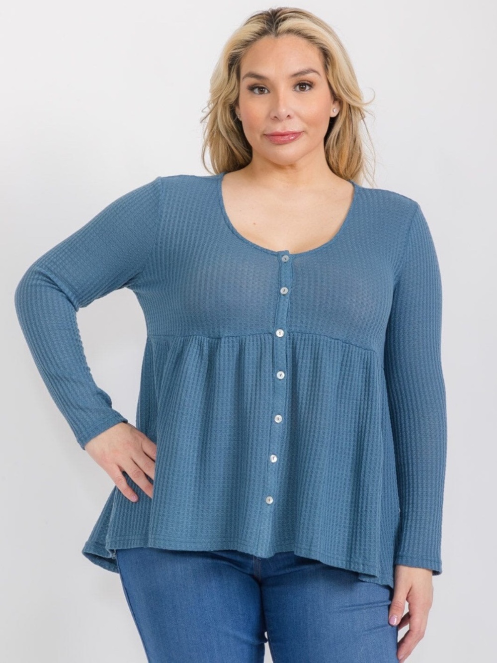 "Polagram" Plus Size Long Sleeve V-Neck Button Up Tunic Top